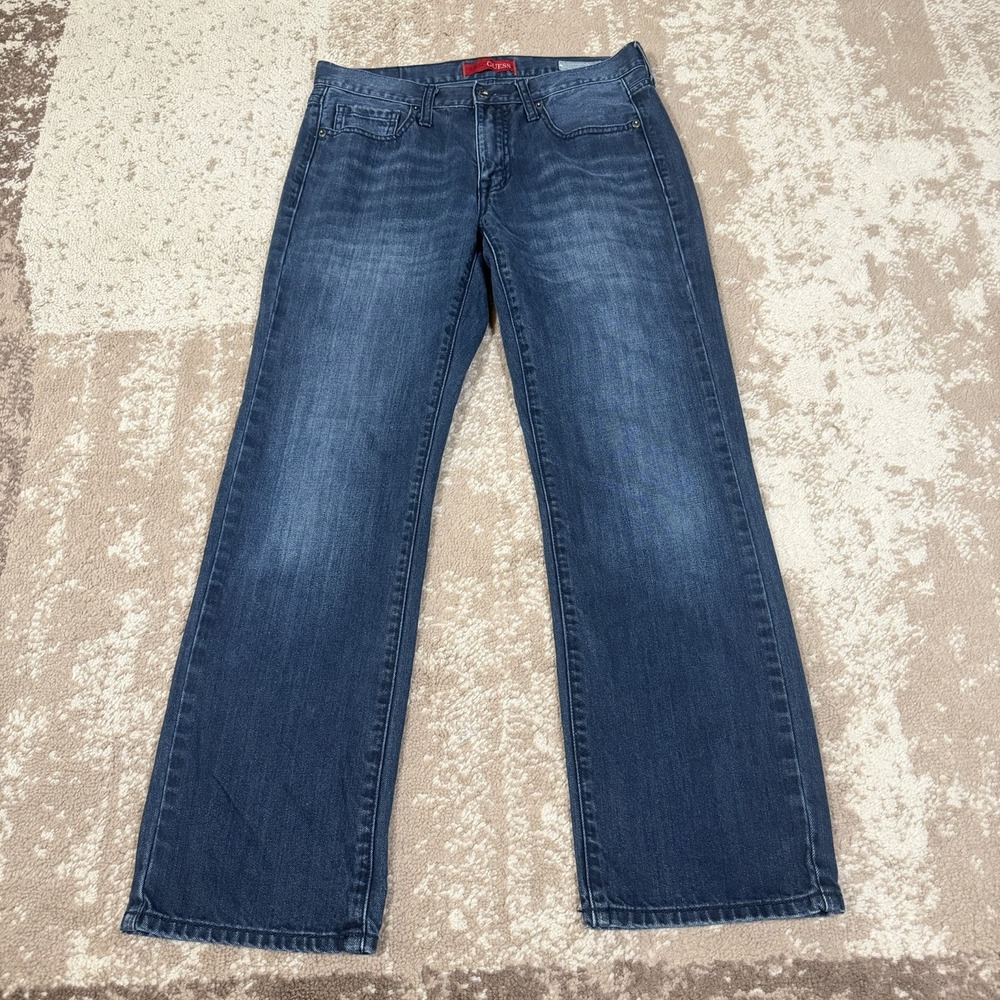 Guess Jeans Men's Blue 32x29 Regular Straight Crescent Fit Denim Distressed